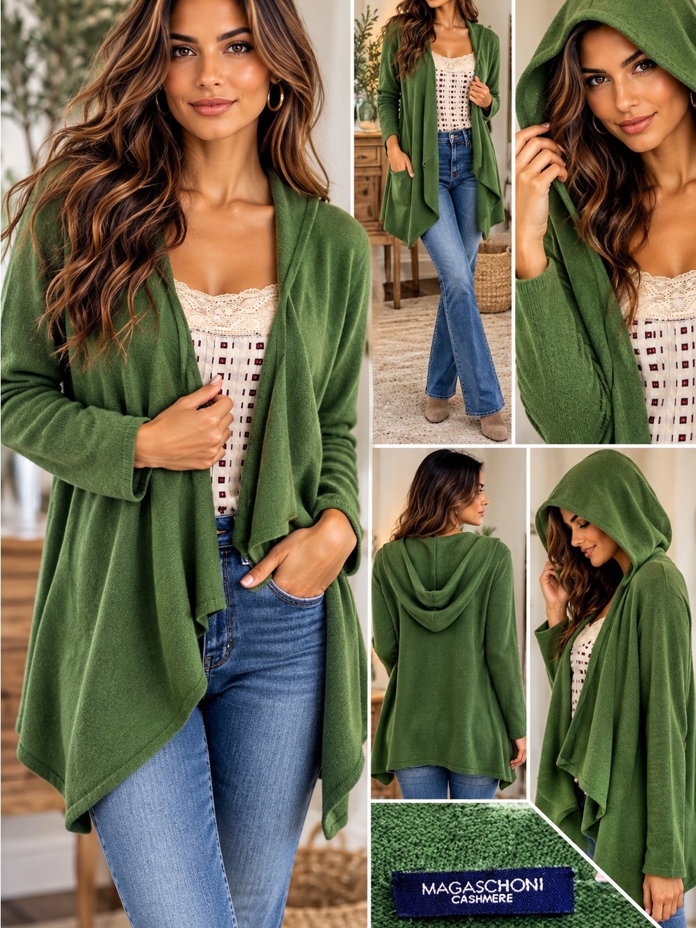 Magaschoni Olive Green Hooded Draped Cashmere-Blend Cardigan